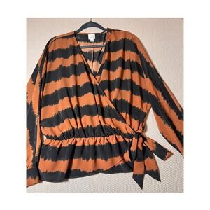 PEYTON JENSEN Women's‎ L Brown Black Tie Waist Wrap Blouse